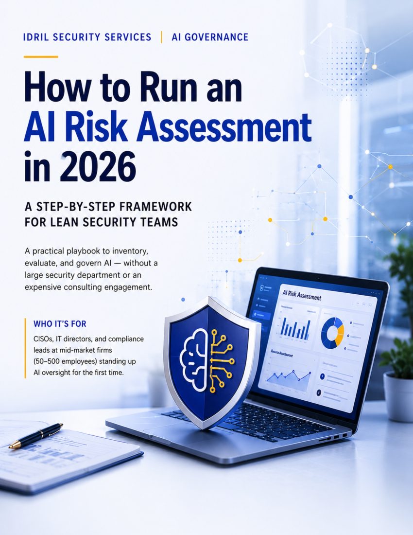 Cover of the AI Risk Assessment Guide 2026 showing AI governance, AI compliance, cybersecurity risk management, and AI assessment framework for security teams.